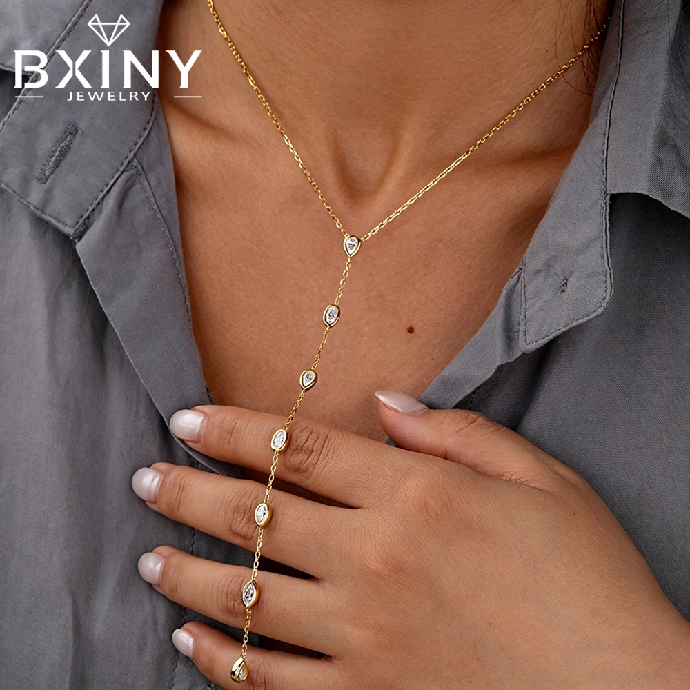 

BXINY Long Tassel Bezel Moissanite Necklace 925 Sterling Silver 7-Stone Diamonds Pendant for Women Engagement Gifts Fine Jewelry