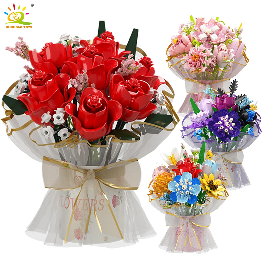 

HUIQIBAO MOC Eternal Flower Bouquet Micro Building Block DIY Rose Sunflower Mini Diamond Brick Set Children Toy Desk Decoration