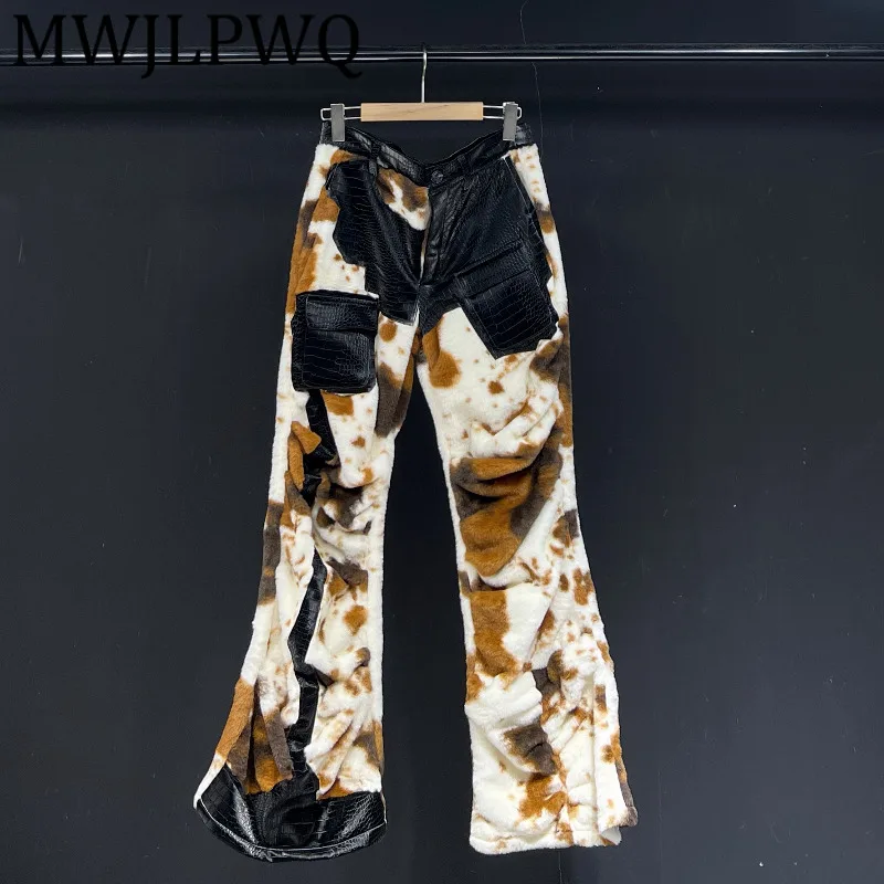 

MWJLPWQ 2025 New Leopard Print Design Flared Pants For Men High Street Spliced Leather Pocket Loose Casual Couples Trouser 11837