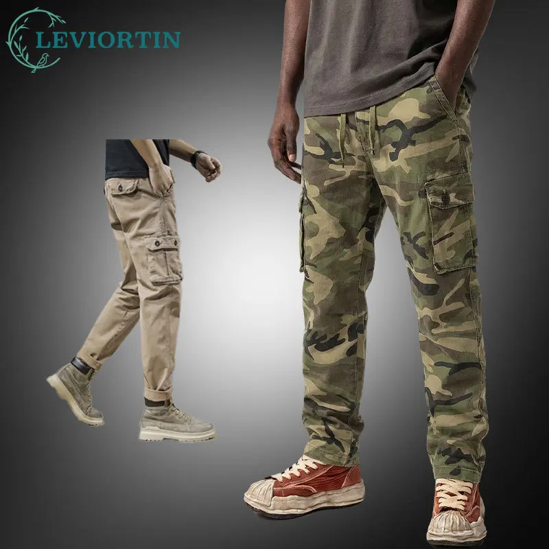 

Мужские повседневные брюки карго с боковыми карманами, из чистого хлопка, свободного кроя, для работы, уличные, эластичные, тканые, рабочие брюки