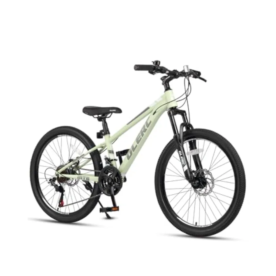 

mountain bike for ages 6-15, aluminum frame, multiple colors, 21-speed with front suspension and mechanical disc brakes