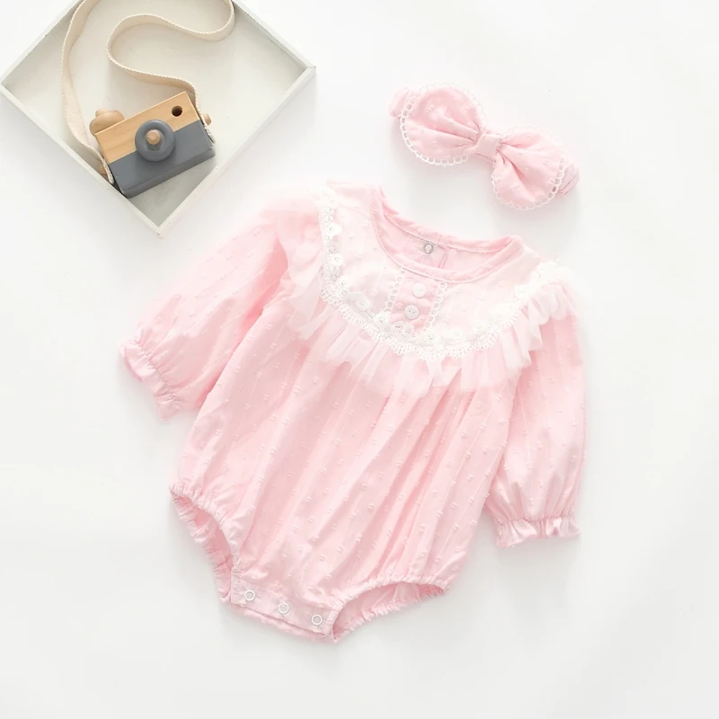 Princess Cotton Jacquard Newborn Baby Girls Bodysuits Ruffles Lace Girls Onesie Clothes for 2024 Spring Summer