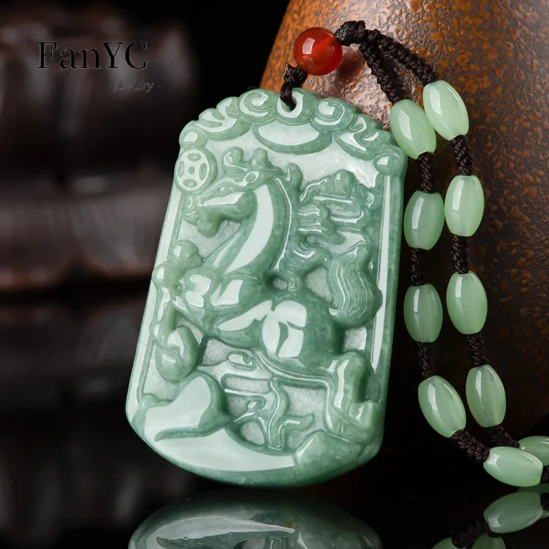 

Myanmar A-goods Jadeite Bean Green Zodiac Horse Pendant Hand-carved Exquisite Fashion Jade Necklace Men and Women Holiday Gift