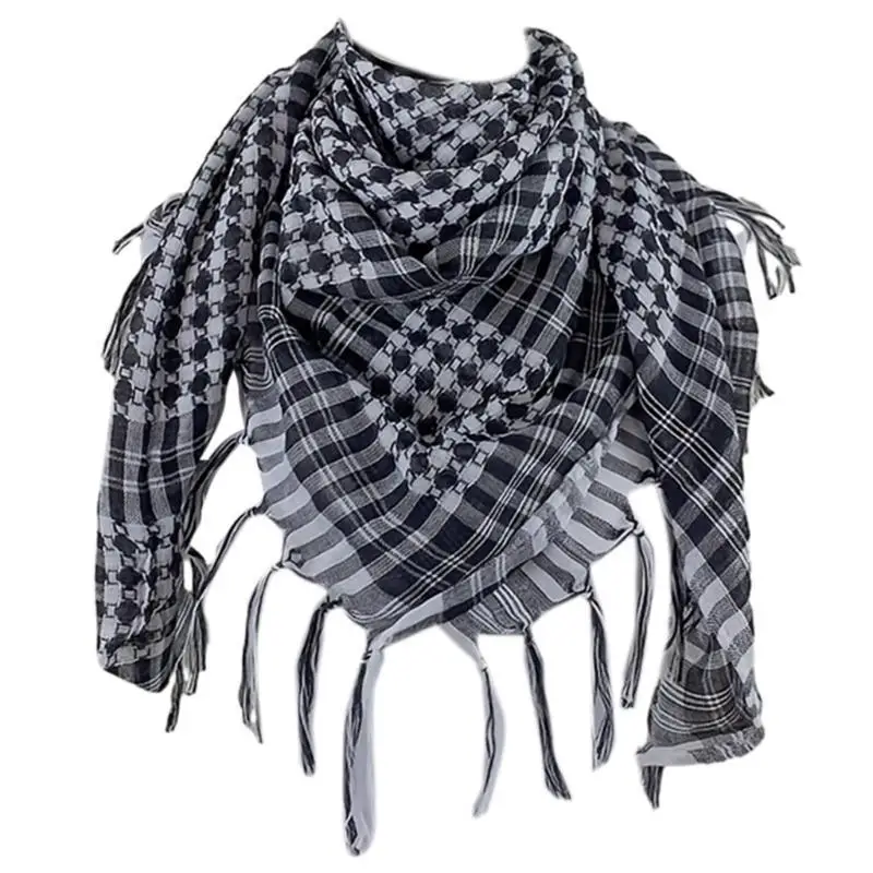 

652F Colorblock Houndstooth Pattern Shemagh Scarf Arabian Desert Scarves Neck Head Wrap Keffiyeh Square Shawl with Tassels