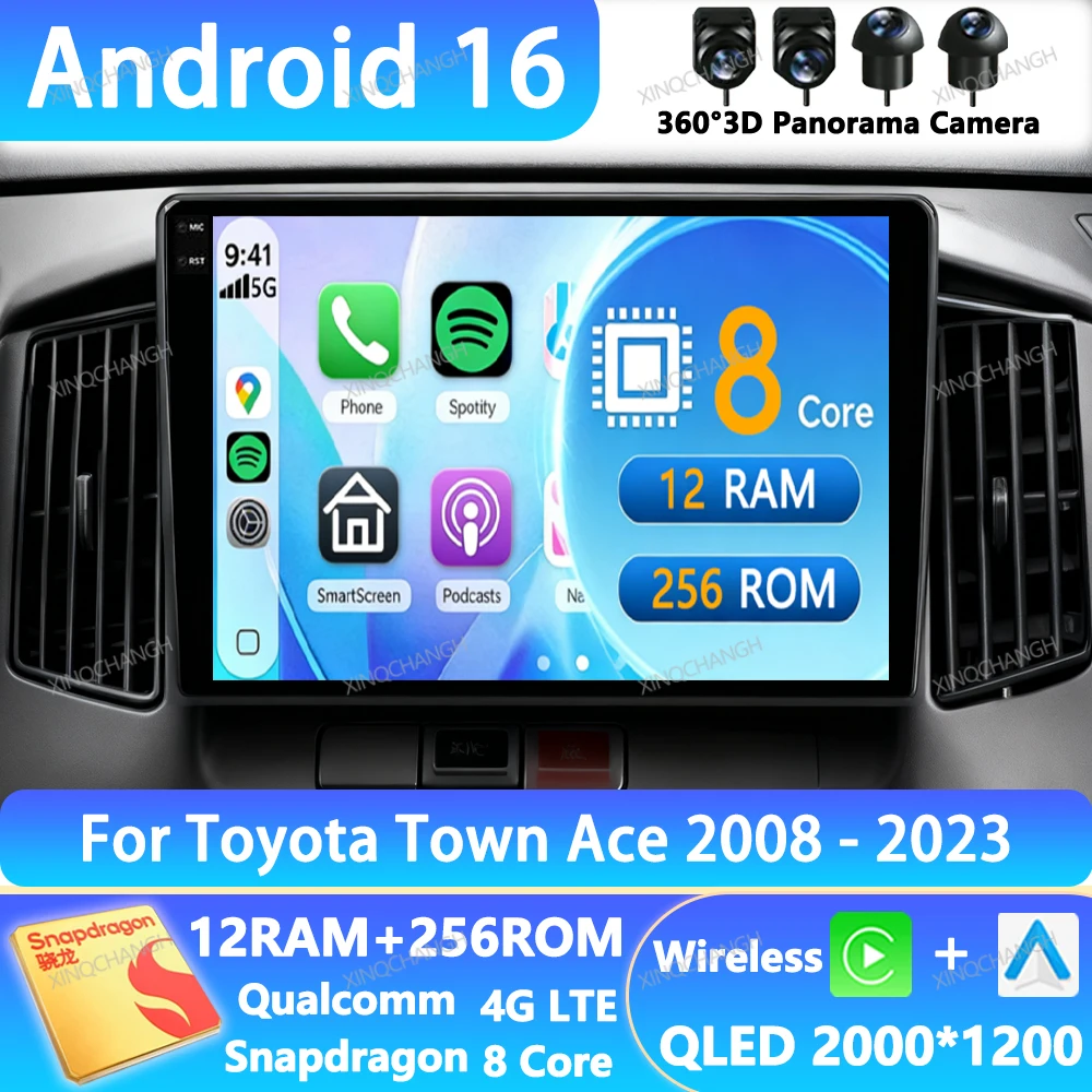Android 16 Car Radio For Toyota Town Ace 2008 - 2023 Multimedia Video Player 2DIN Qualcomm 4G WIFI Head Unit Navigation QLED GPS