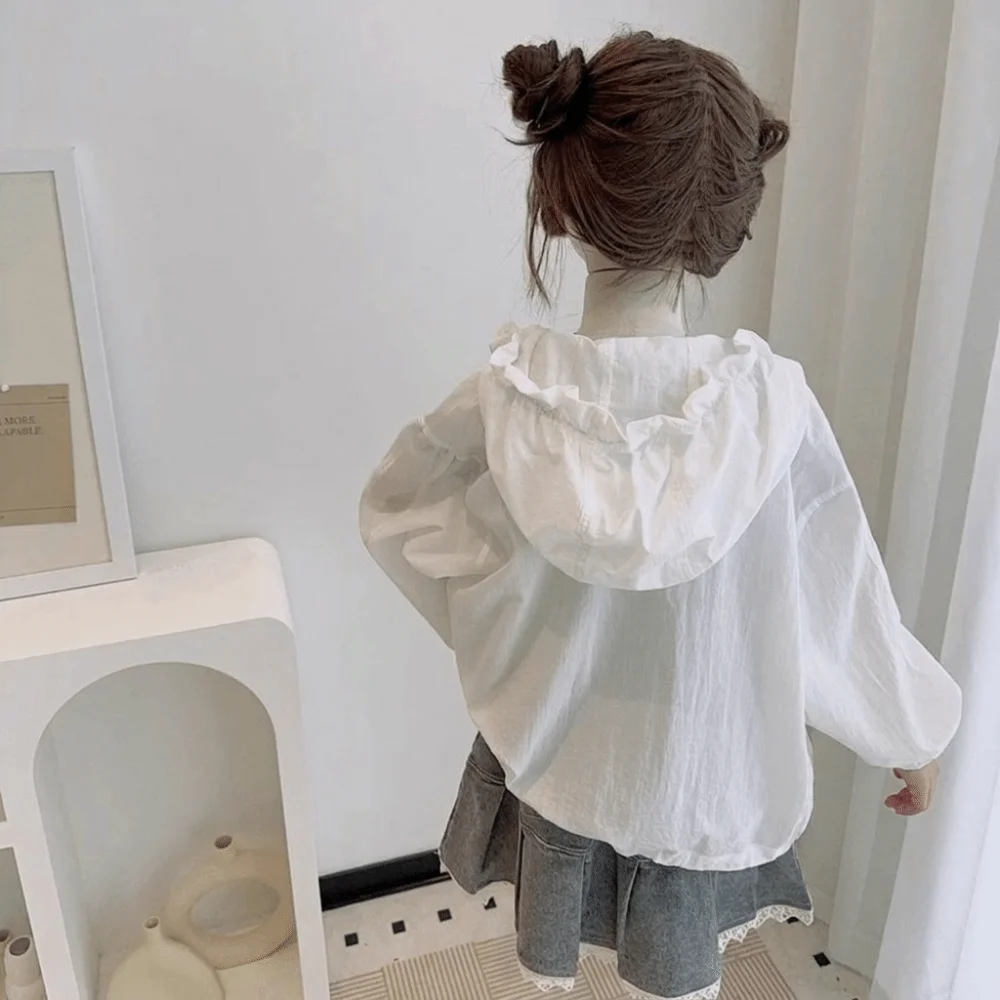 Lightweight Fabric Girls Sun Jacket Breathable Sheer Look Hooded Jacket Long Sleeves Bow Detail Zip-Up Outerwear Summer Outings