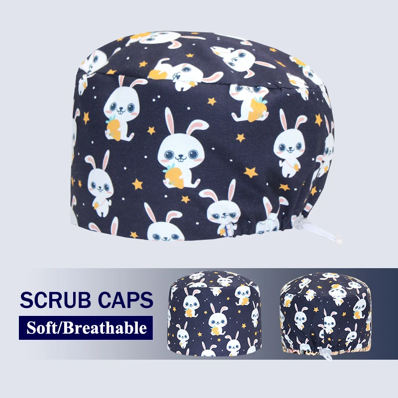 Bunny Printing Scrub Caps Thick Cotton Nurse Hats Pet Grooming Agency Working Hats for Women Dental Clinic Medical Caps K916