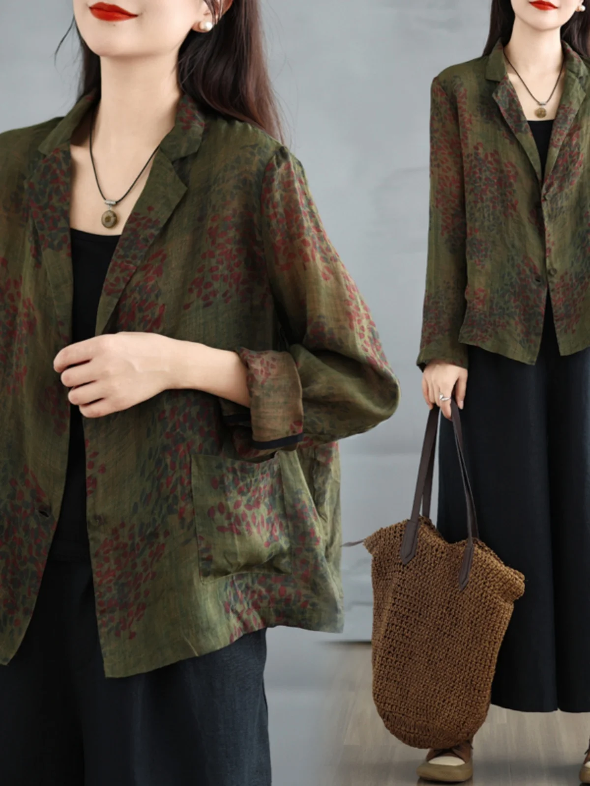 

Retro Artistic Sle Women's Cotton Linen Blouse Printed Suit Jaet Slimming Sun Protection Outerwear Casual Commute Faion