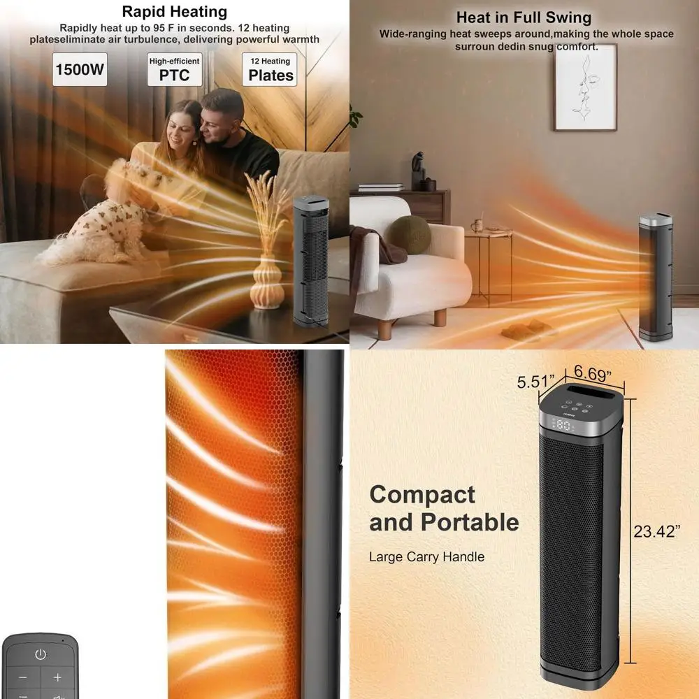 

1500W Ceramic Space Heater with Thermostat, Remote, 3 Modes, 70° Oscillation for Home & Office