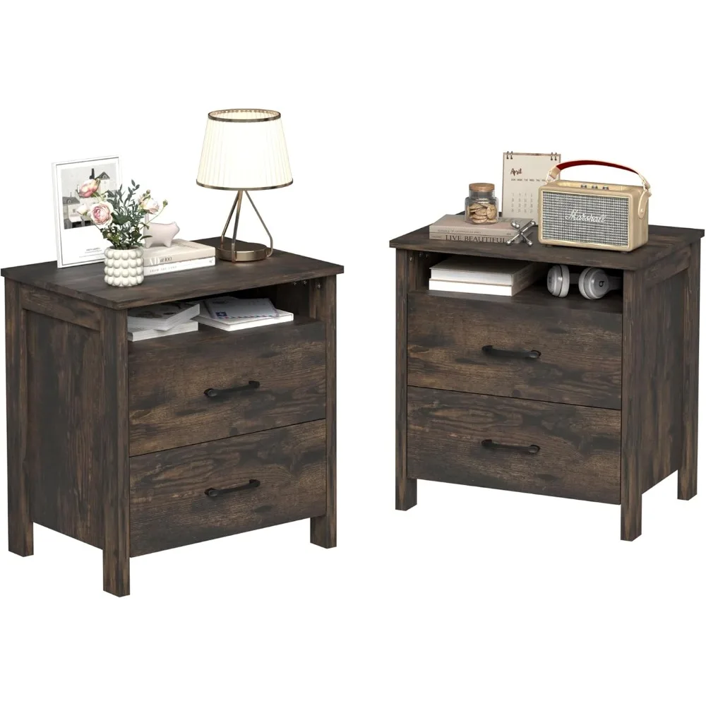 

Farmhouse Nightstand Set of 2, Rustic Nightstand with 2 Drawers, Wood End Table with Open Shelf, Side Table for Bedroom