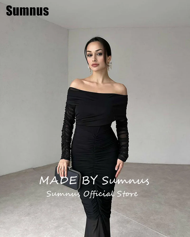 SUMNUS Charmante zwarte zeemeermin galajurk Elegant off-shoulder feestjurken Vloerlengte Lange mouwen Formele jassen op maat