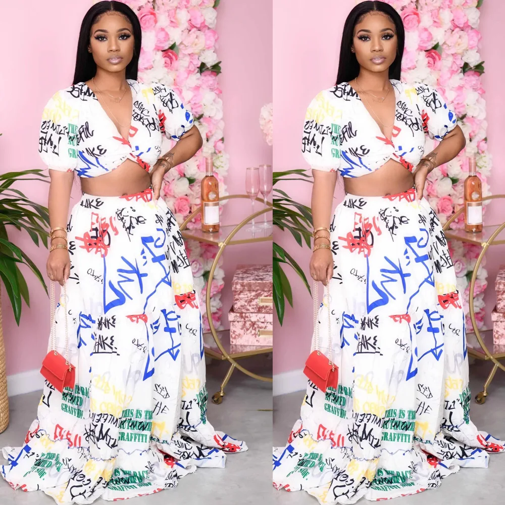 

Sexy Women's Clothing Featured Printed Short-sleeved High-waisted Women's Long Dress Set 2026 Fashion Trend Spring And Summer Ne