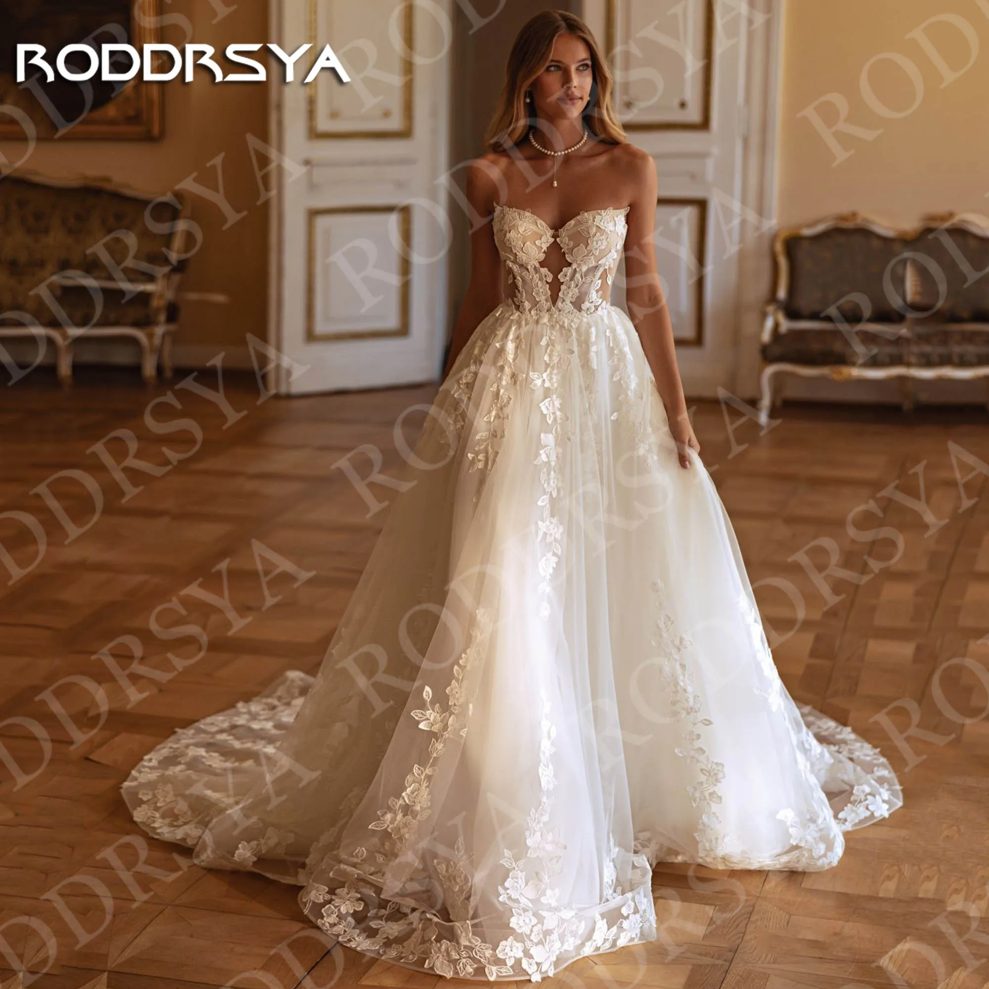 RODDRSYA Sweetheart Wedding Dresses Graceful Bridal Gowns Sleeveless A Line Lace Appliques Bride Dress Customized Robe Mariée
