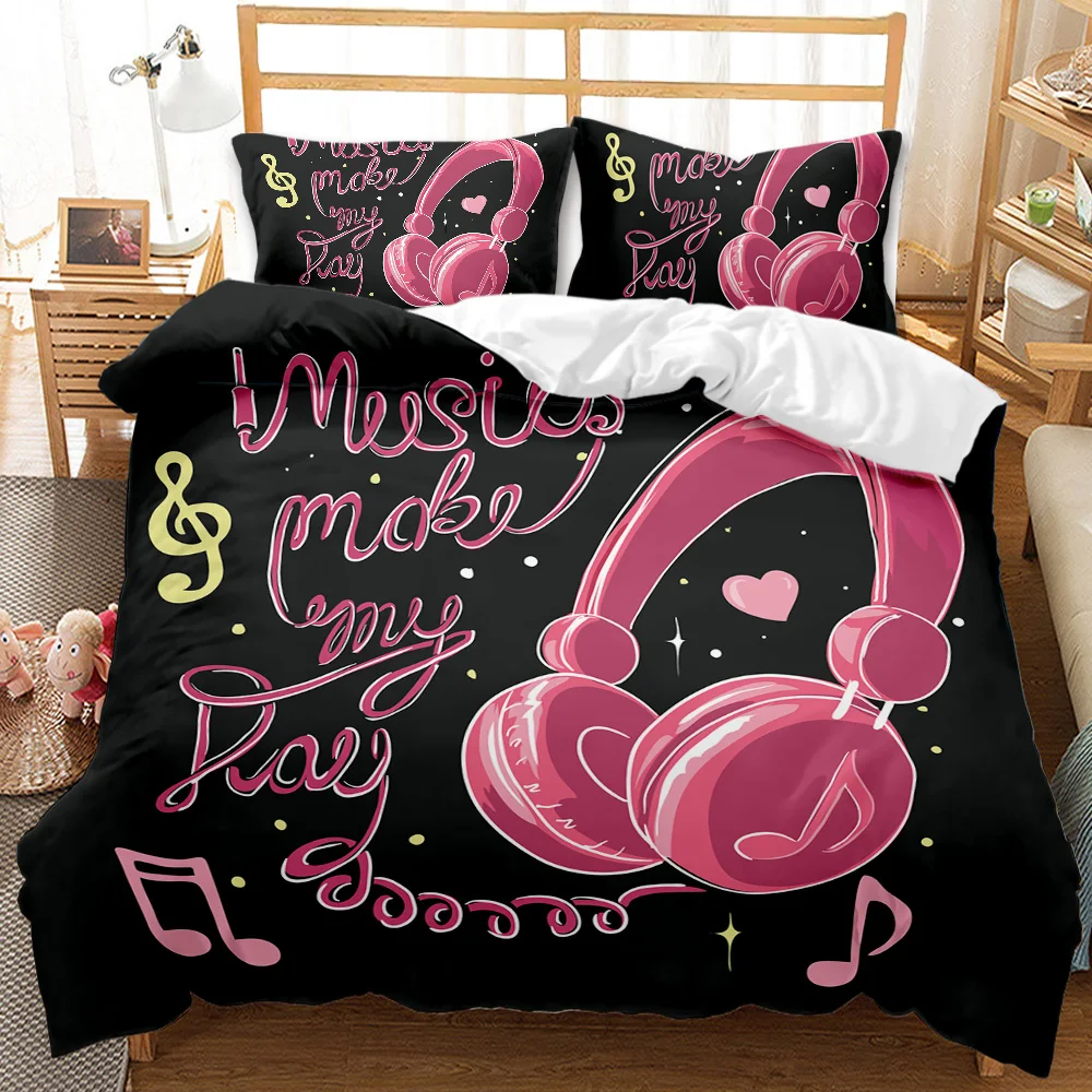 Headphones Duvet Cover Set Rock Music Melody Note Comforter Cover Pink Headset Polyester Bedding Set for Kid Boy Girl King Size