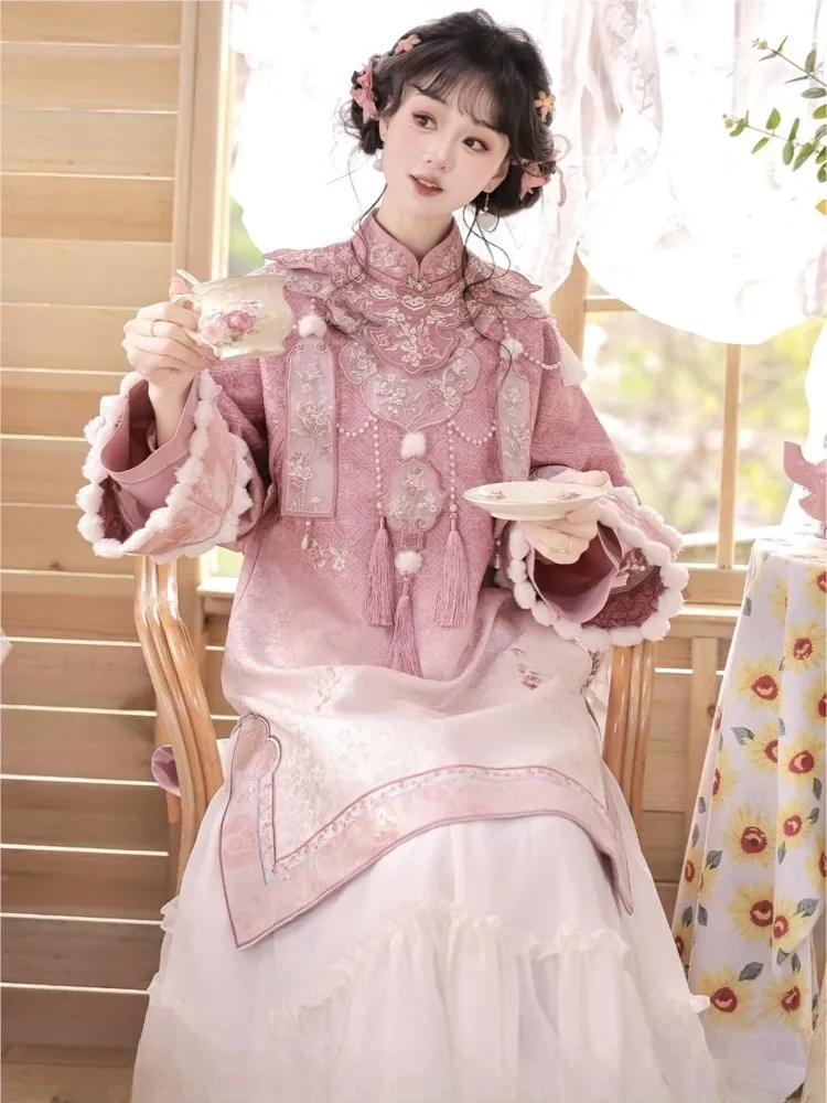 

New Chinese-style wind and shoulder cheongsam half skirt set heavy industry Hanfu dress