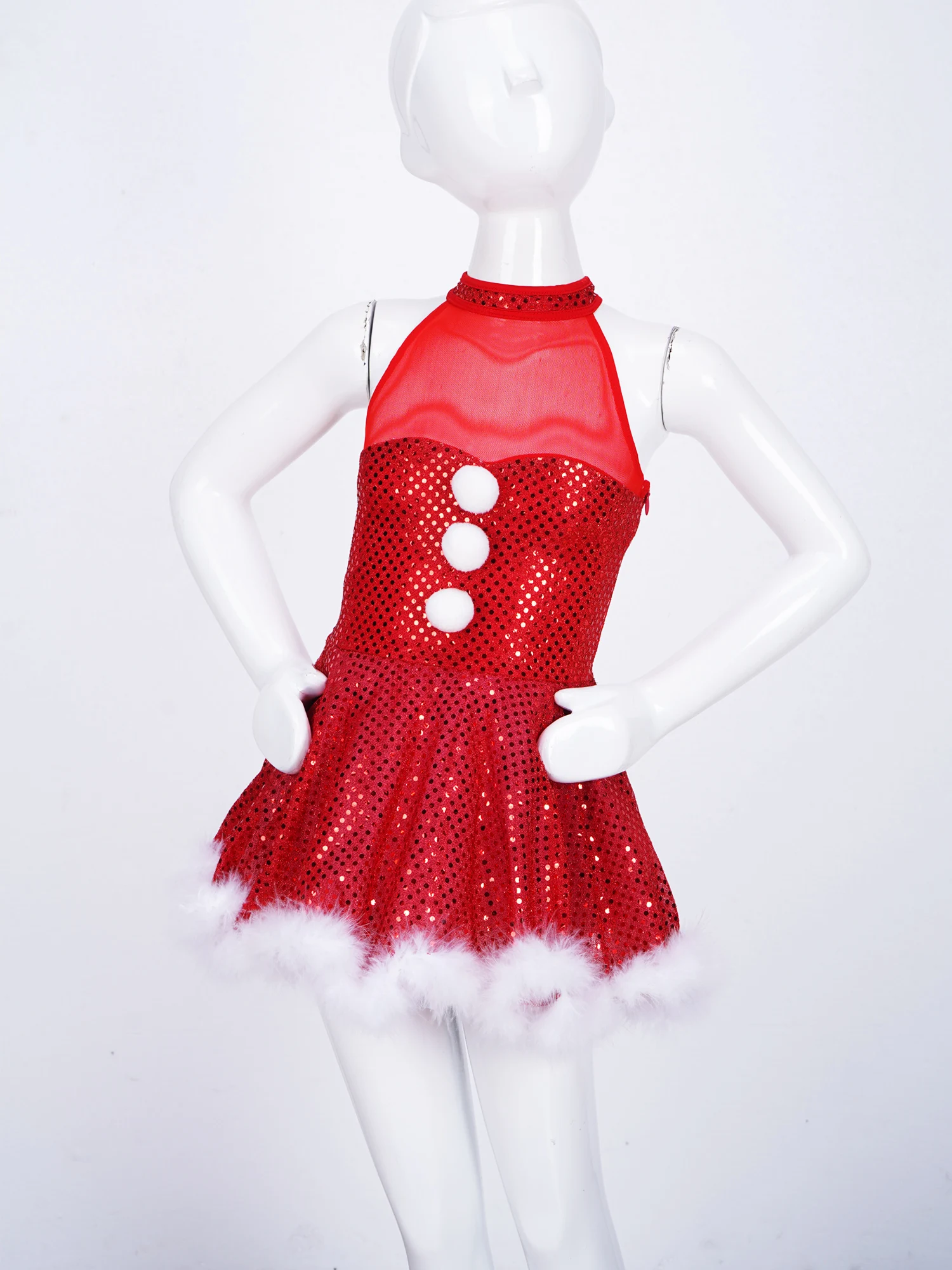 Kids Girls Sequins Christmas Costume Snowman Cosplay Feathers Trim Xmas Party Figure Skating Dance Tutu Dress Ballet Leotard