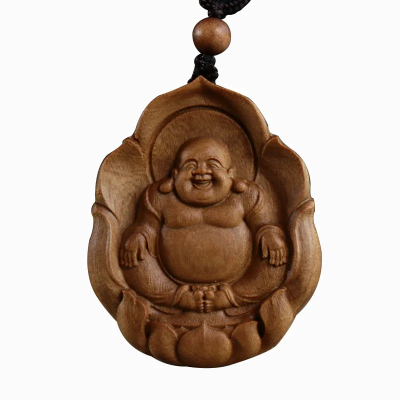 

Solid Wood Necklace for Men and Women, Maitreya Bodhisattva Pendant, Hand-Carved Buddha Statue