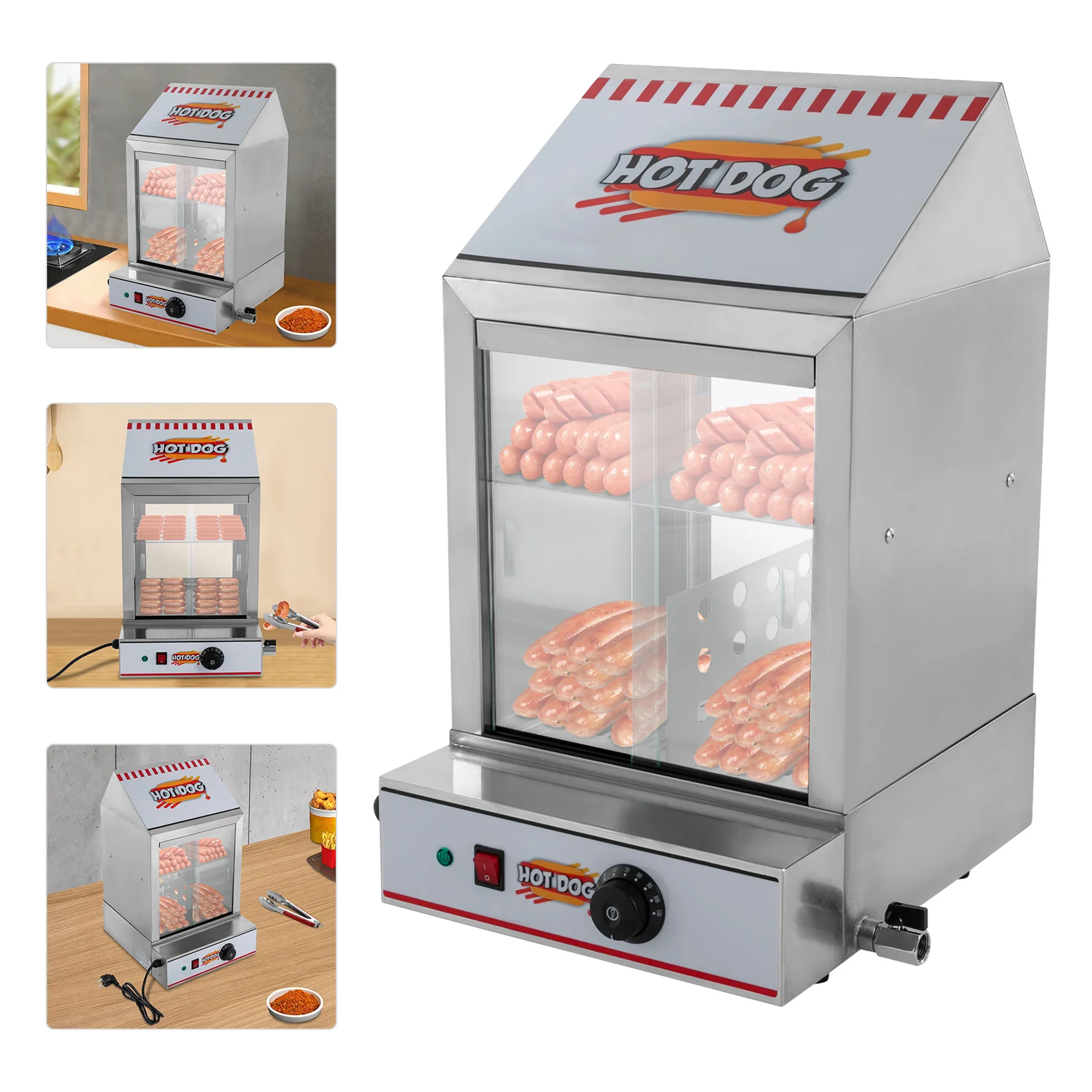 1200W Elektrischer Hot-Dog-Wärmeschrank 2-stöckiger Hot-Dog-Dampfgarer 40L Kommerzieller Speisenwärmer Vitrine für Würstchen, Hot Dogs