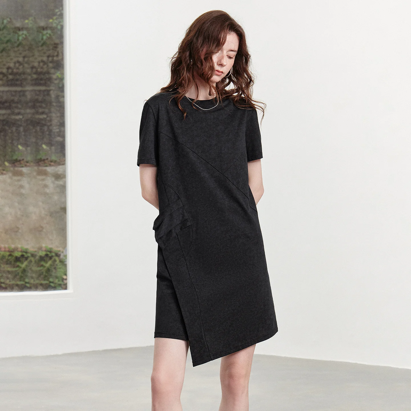 TOYOUTH Women Cotton Dress 2026 Summer New Asymmetric Design Crew Neck Pullover T-Shirt Dress