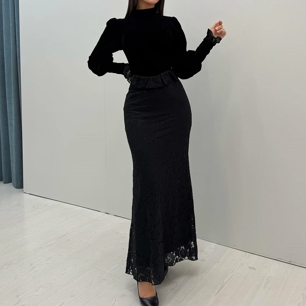 تخصيص ألف خط فساتين السهرة الكاحل طول عالية الرقبة كم كامل فستان حفلات أزياء من الدانتل Ruched بسيط ثنيات حزب ثوب