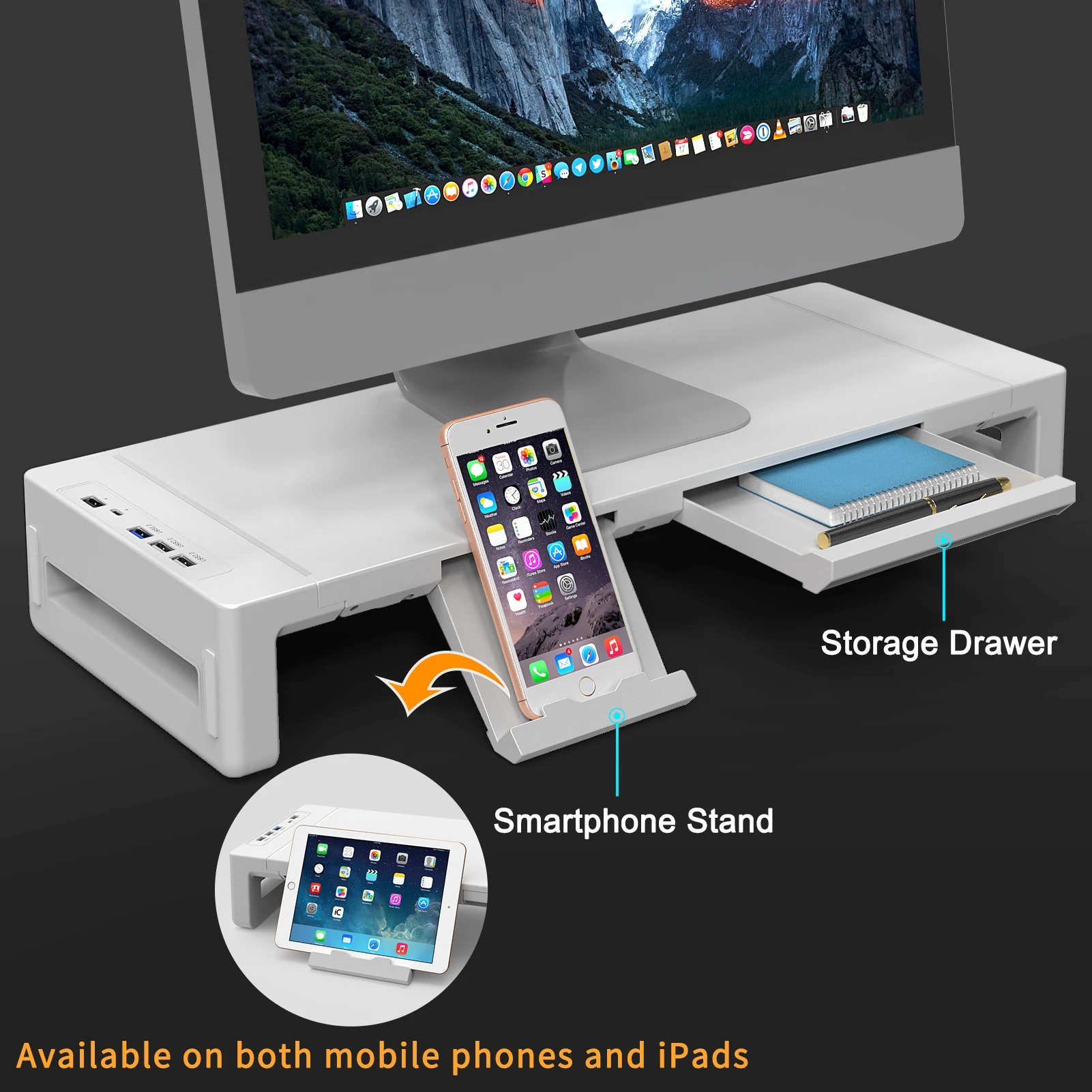 

Multifunctional Desktop Organizer with Smartphone Stand, USB Charging Hub, Storage Drawer for Office & Home