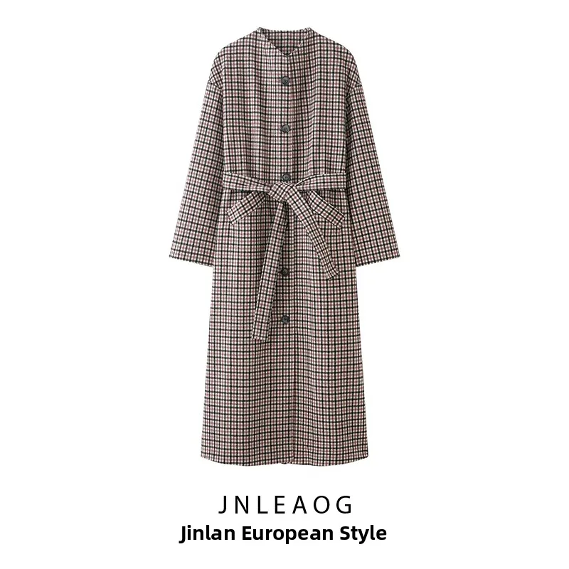 

JNLEAOG Autumn New Vintage Plaid Long Coat Women's Stand Collar Outerwear Street Sle Polyester Fiber Regular Thin