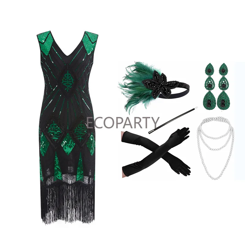 Plus Size Women 1920s Art Deco Retro Great Gatsby Sequin Fringe Flapper Dress Tassels Costume Accessories Set with Sleeveless