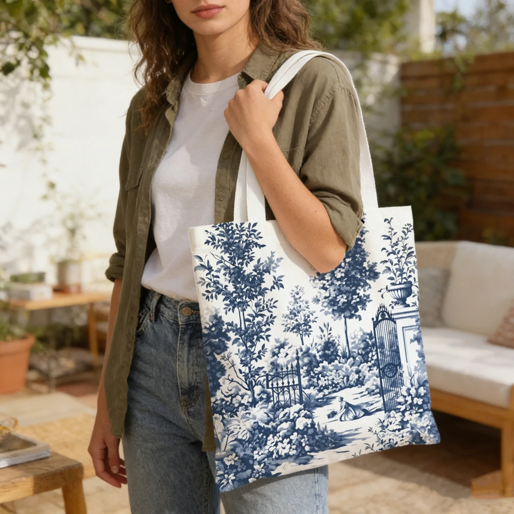 1pc Blue Toile Landscape Tote Bag Featuring a French Vintage Design Reusable Grocery Shopping Bag Multifunctional Double-Sided