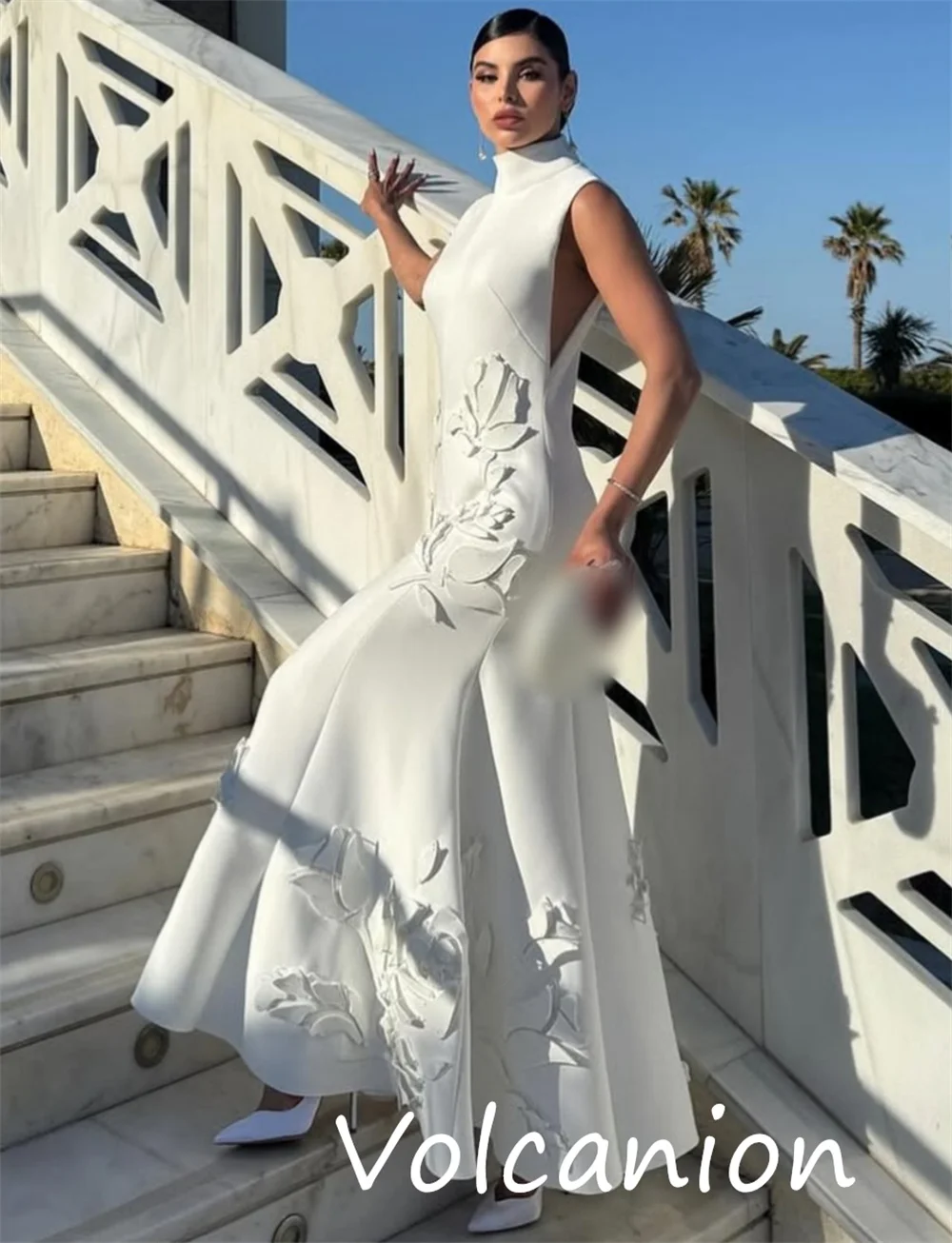 Abiti midi a collo alto a trapezio con pieghe a fiori in jersey casual formale personalizzato Occasioni su misura Elegante retrò