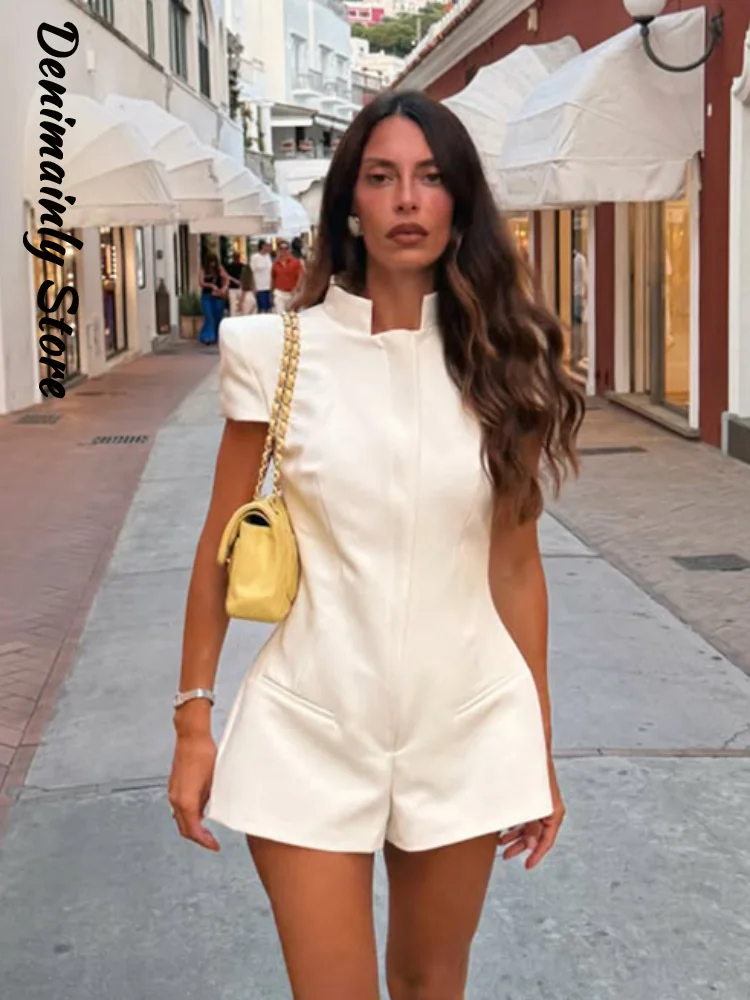 Casual Women's White Short Jumpsuit Slim Shoulder Pads Stand Collar Half Sleeve Single Breasted Romper 2026 Lady Chic Jumpsuits
