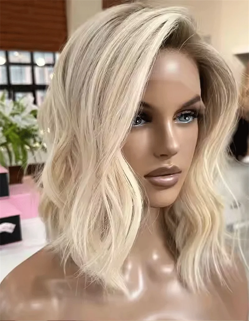 

13×4Short Bohemian layered synthetic wig Ash rooted lace wig Side part lace front wig Natural Preplucked Hairline Daily Use