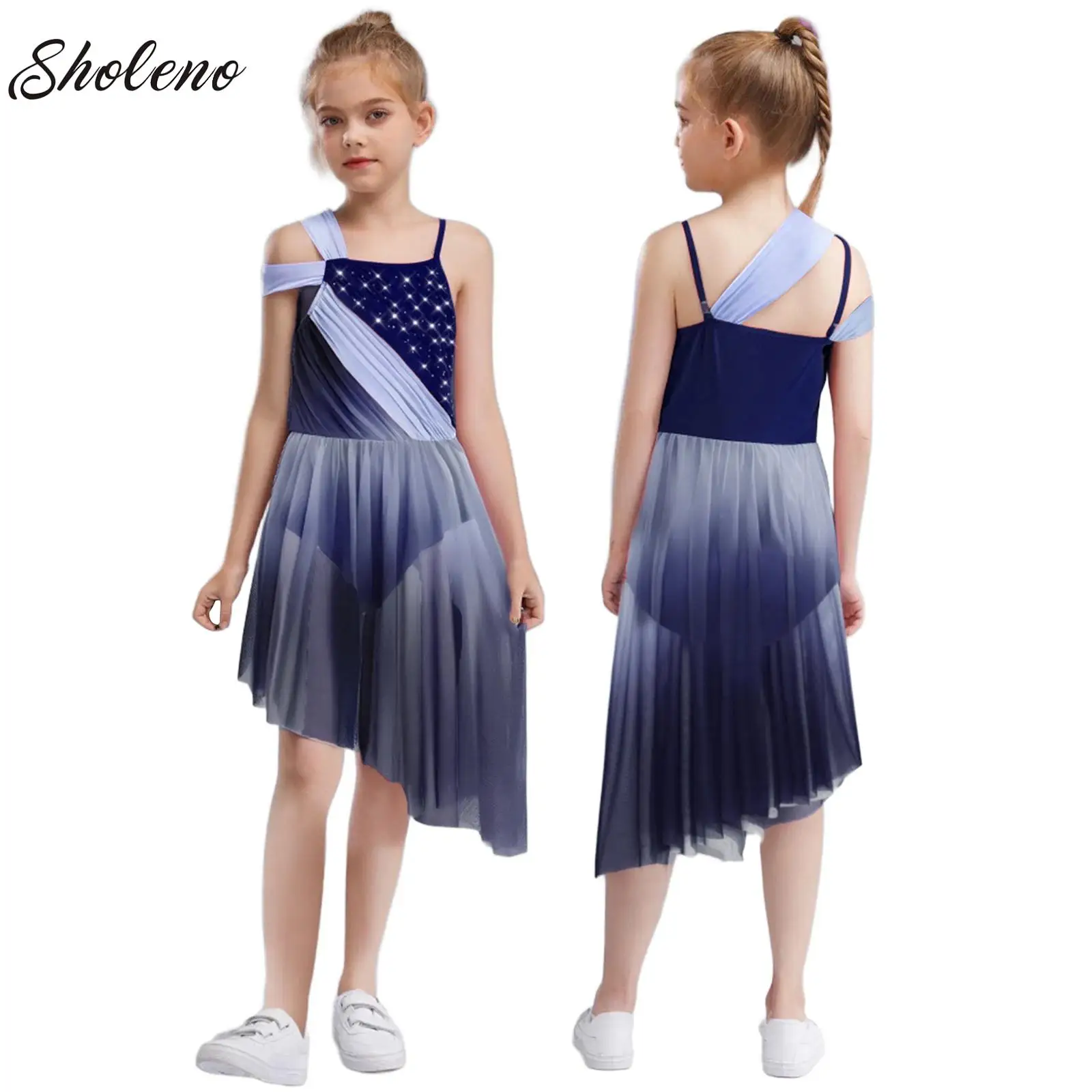 

Kids Girls Lyrical Dance Dress Gymnastics Ballet Leotard Tutu Gradient Asymmetrical Figure Skating Modern Contemporary Costume