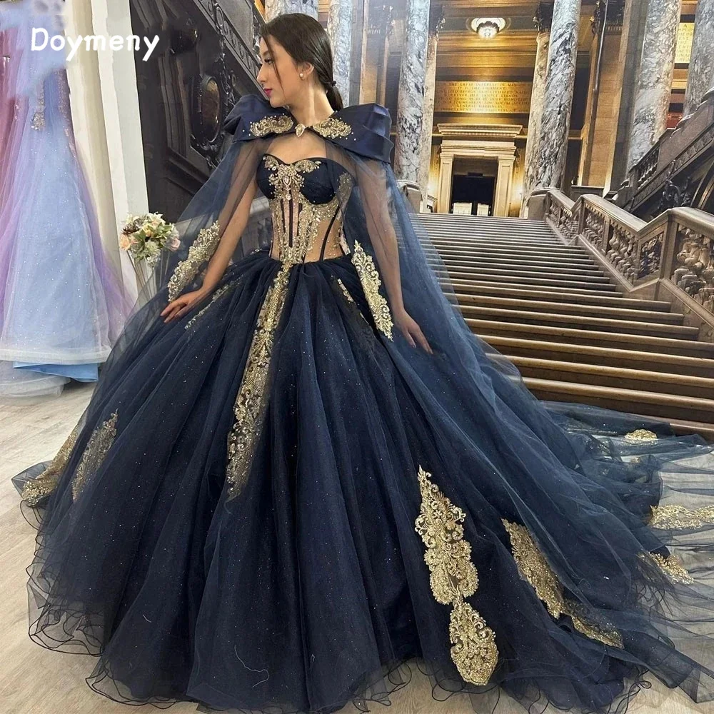 Doymeny Cape Quinceanera Dress Sweetheart Appliques Sweep Tulle Ball Gown Prom Dresses Sweet 15 16 Dress robe vestidos de fiesta