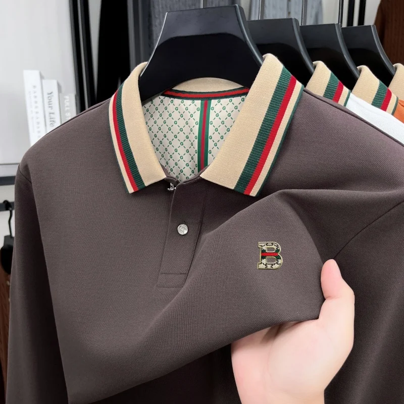 

Luxury advanced brand men long sleeve polo shirt unique stripe color blocked lapel fashion letter embroidery casual new T-shirt