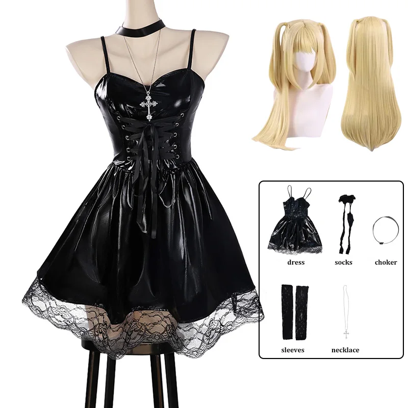 Kostium Cosplay MisaMisa Death Note, Peruka Misa Amane, Damska Skórzana Sukienka, Koronkowe Rękawy, Skarpety, Naszyjnik, Choker, Zestaw Strojów — 2