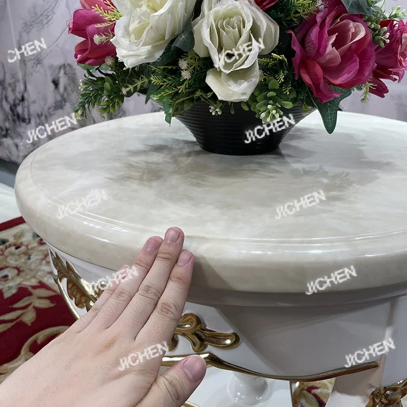 

French solid wood small coffee table, European living room sofa edge furniture, neoclassical marble veneer small round table