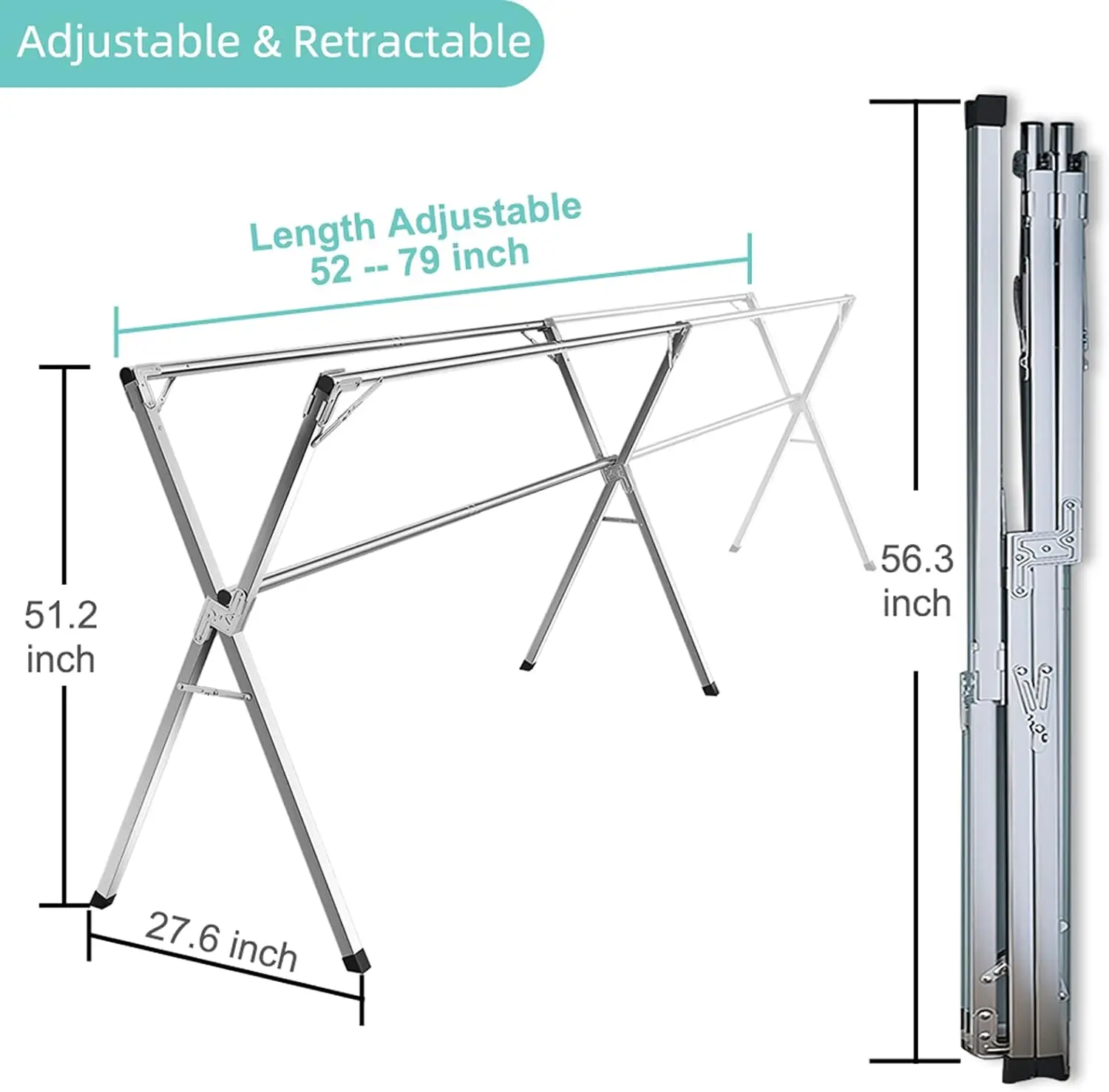 Imagem -02 - Roupas de Secagem Rack Heavy Duty Rack Lavandaria Dobrável e Comprimento Ajustável Space Saving Garment 79 Aço Inoxidável