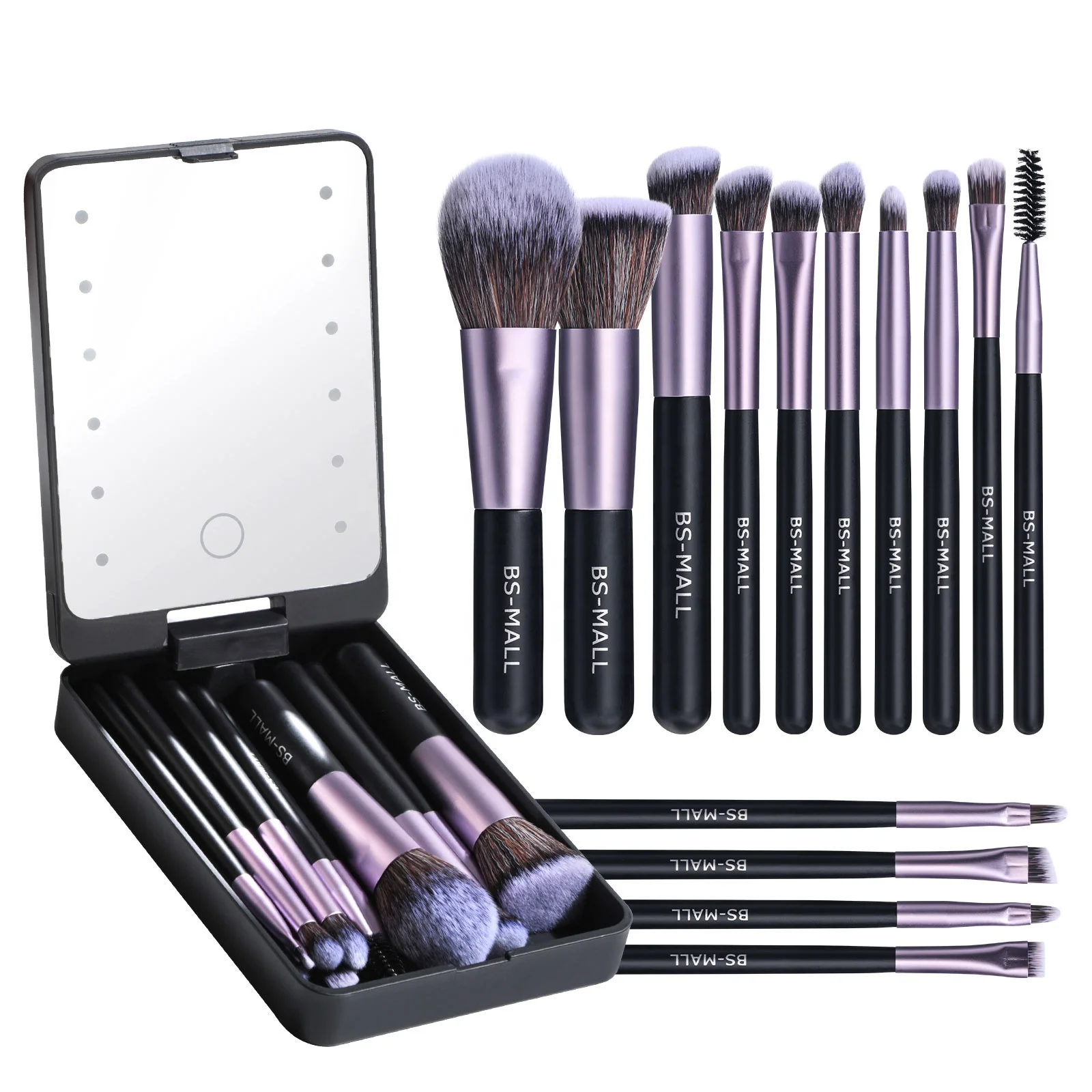 # Hot Sales 2024 BS-MALL Travel Makeup Brushes Tools Set Private Label Synthetic 14PCS LED Mirror Case Makeup Brush Set