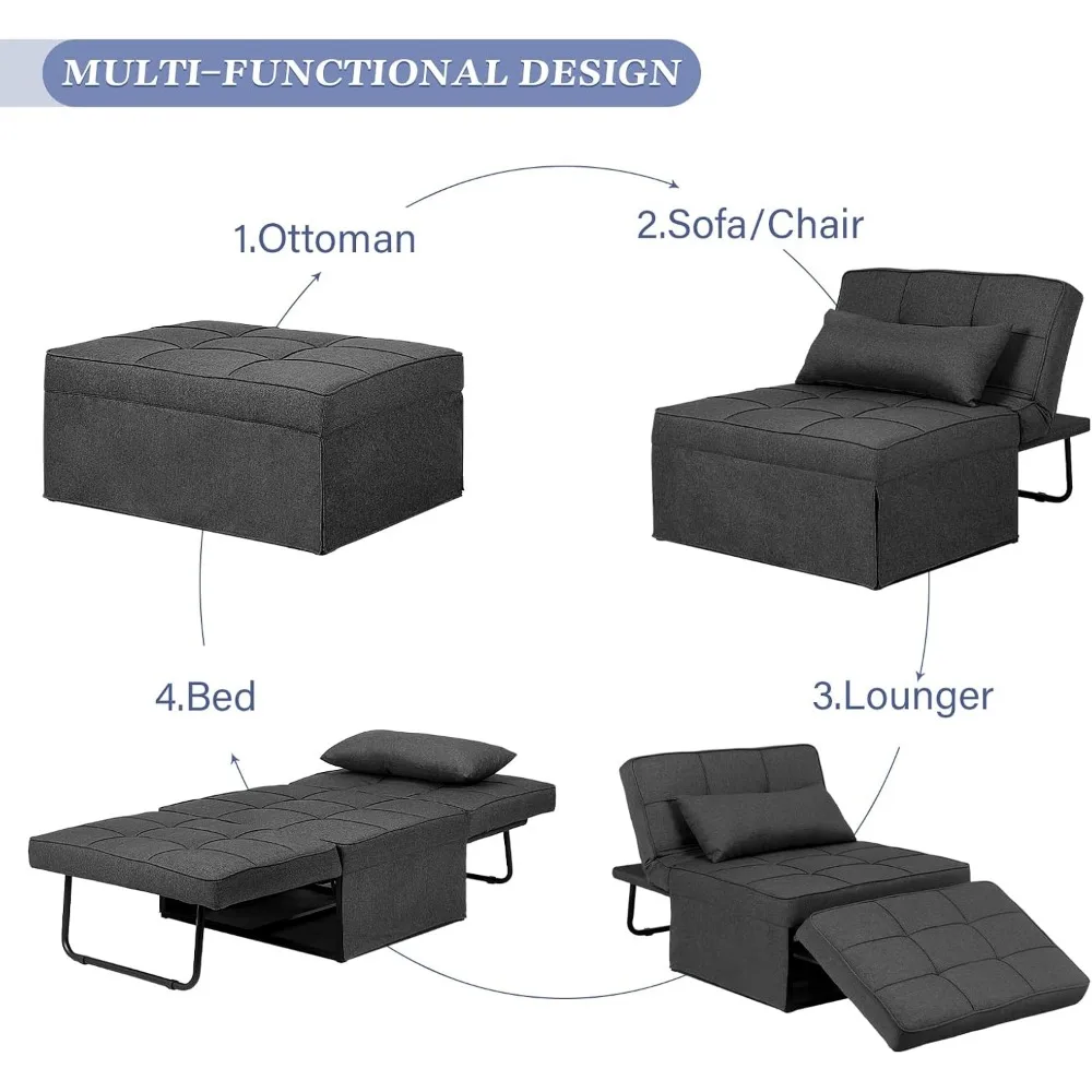Multifunctional 4-in-1 Convertible Sleeper Sofa with Ottoman, Breathable Linen Fabric, Adjustable Backrest for Comfortable Seati
