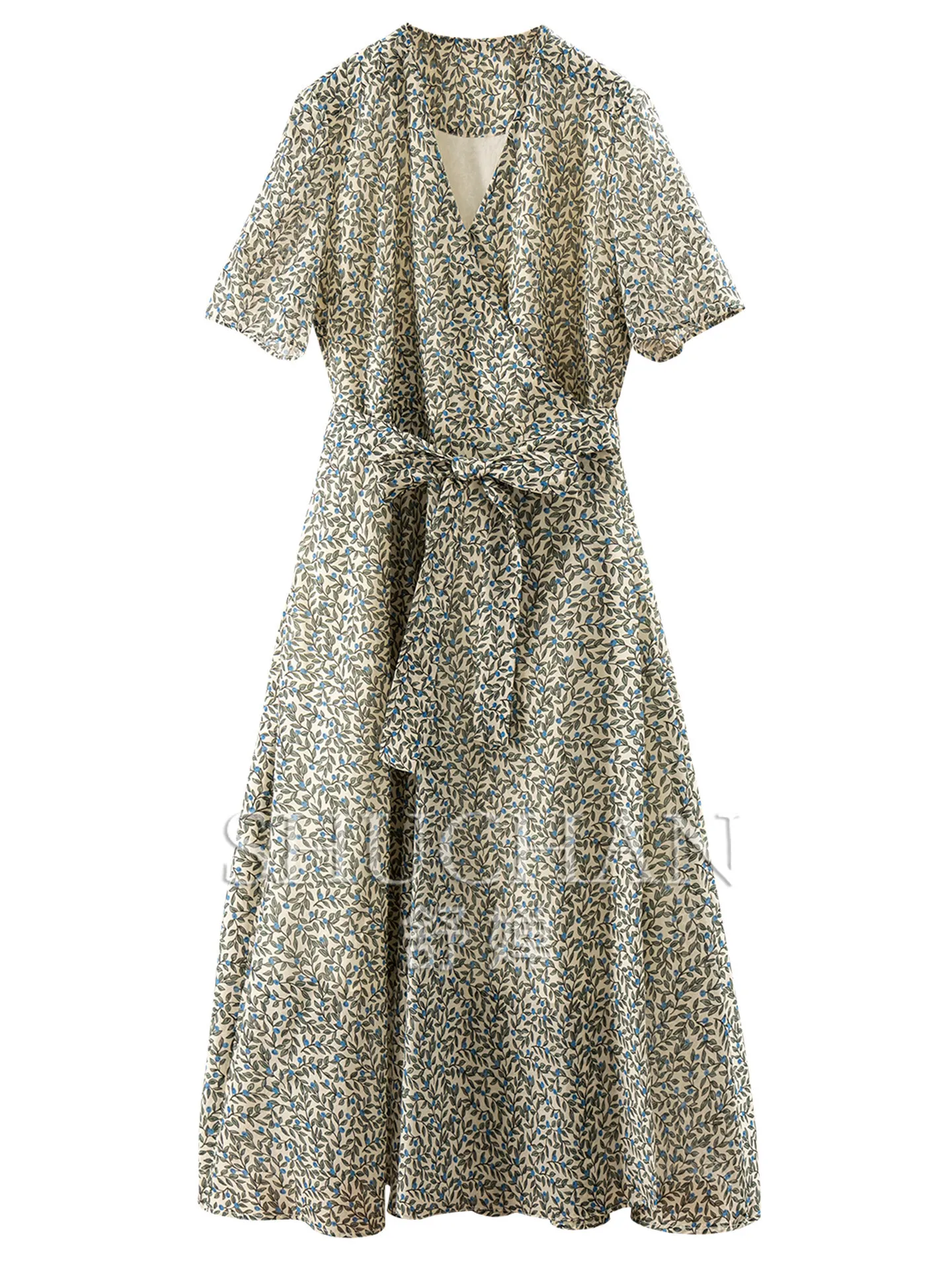 

French Romantic Dresses Summer Coffee Break Natural Silk + Cotton Floral Apron V-neck Waist Dress Women's 55L6
