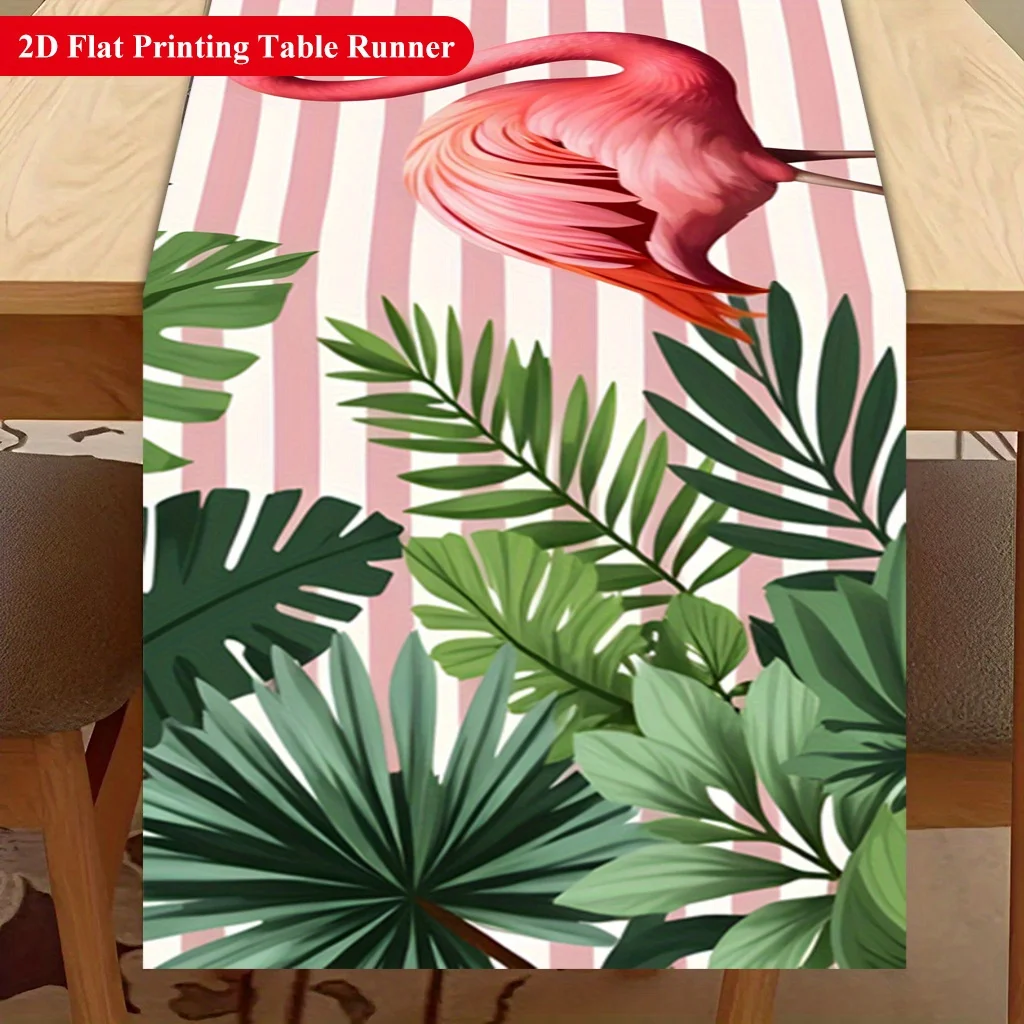 One 2D Style Rectangular Table Flag Printed With Two Pink Flamingos Facing Each Other, Perfect Ornament For Dining Tables, Coffe