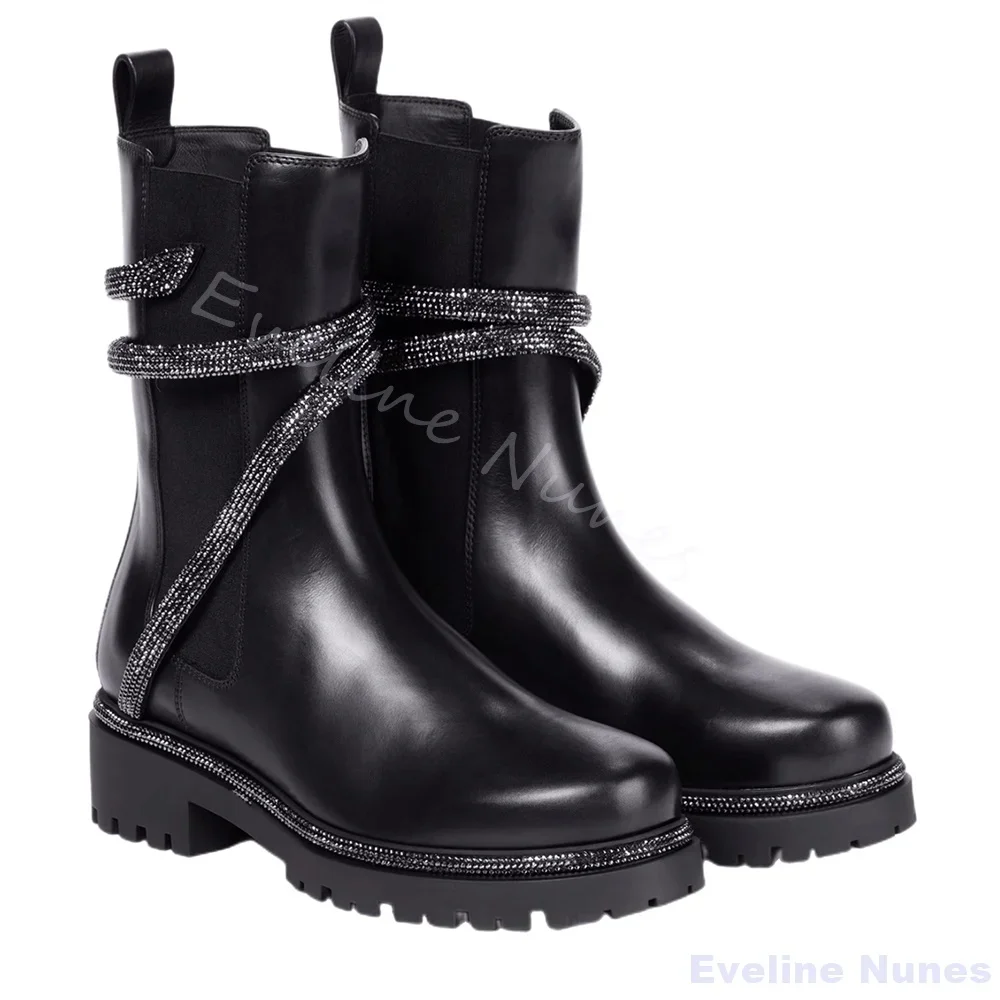 Snake-Shaped Rhinestone Ankle Boots Men Round Toe Black Leather Slip On Stretch Knight Boots Winter Thick-Sole Mid Calf Boots