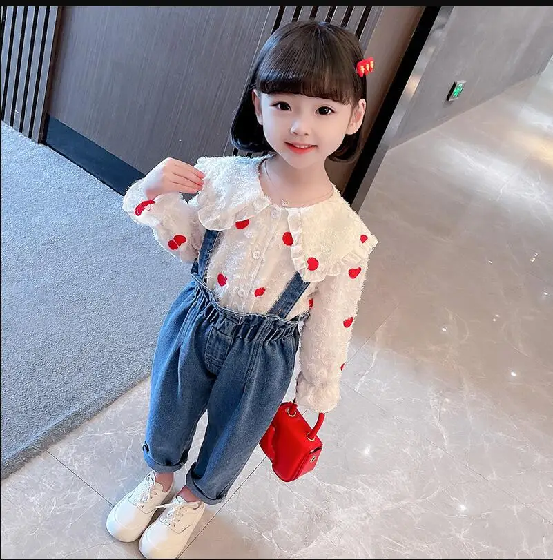 Children Girls Polka Dot Shirt + Denim Overalls Pants Suit Spring 2023 New Autumn  Baby Kids Girl Two-piece Clothing Set