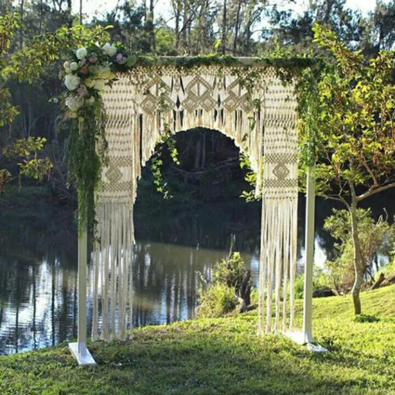 Handmade Macrame Wedding Backdrop Bohemian Arch Arbor Wall Hanging Door Hanging Room Divider,Macrame Curtains Rod not included