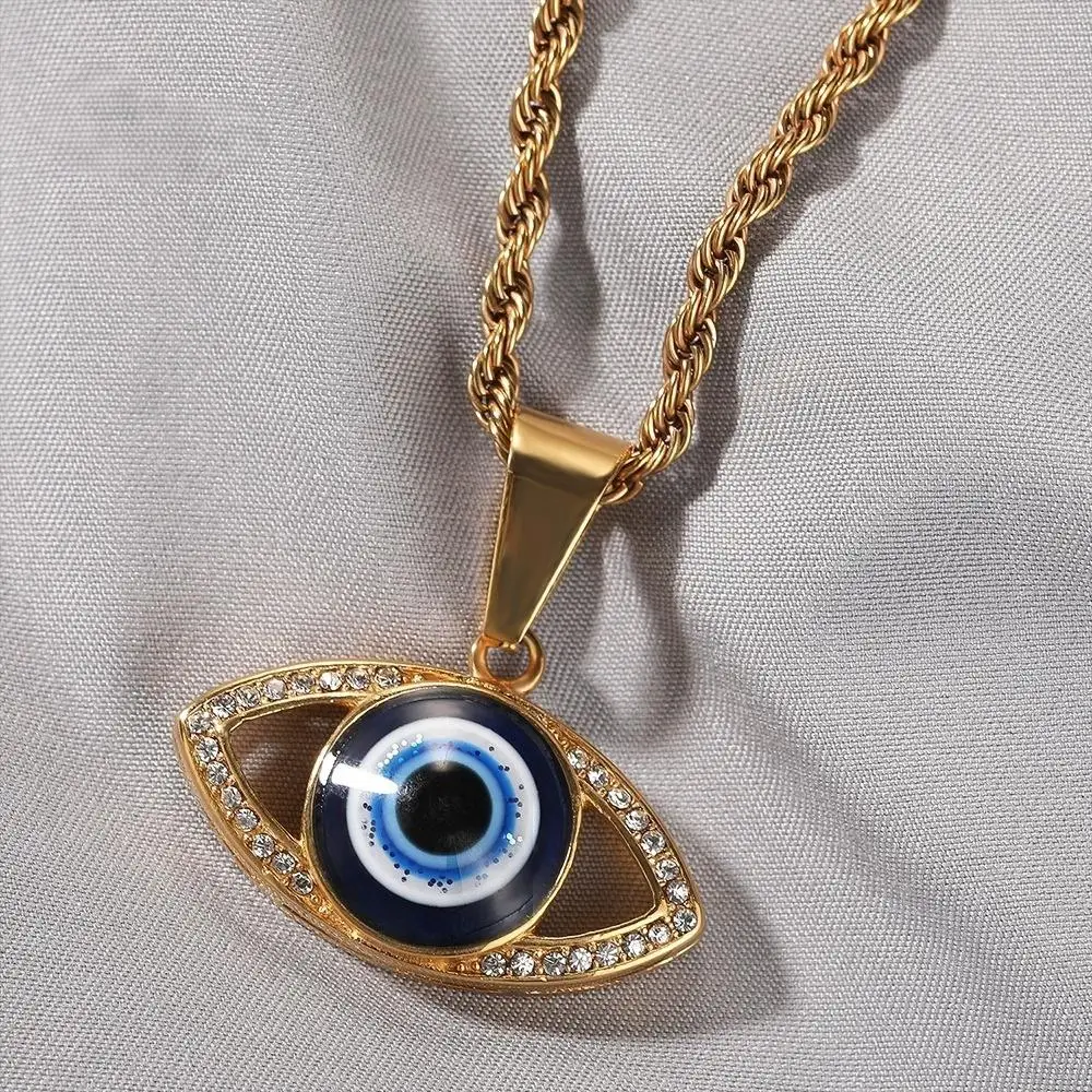 Turkish Blue Eyes Iced Out Bling Eye Devil Pendant Necklace Mirco Pave Prong Setting Rock Rapper Fashion Hip Hop Jewelry BP331