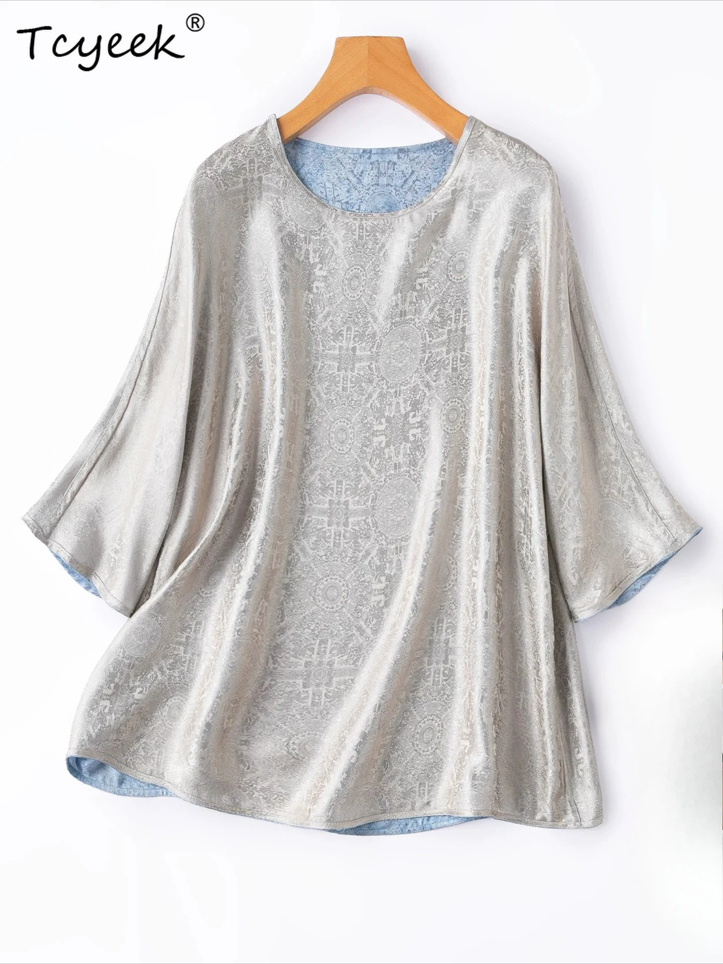 Tcyeek 100% Real Mulberry Silk T-shirt Summer Clothes Elegant Blouses for Women Loose Fit Ladies Tops Reversible Топ Женский