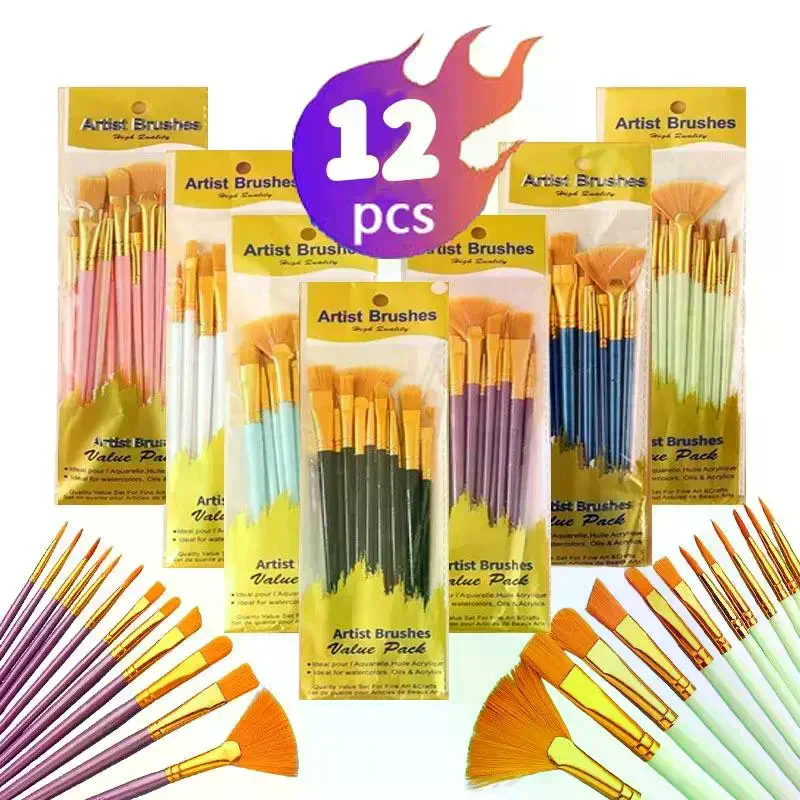 12Pcs Nylon Bristle Brush Set Flat Brushes Watercolor Oil Paint For Artists Amateur And Acrylic Paintings Fabric Brushes