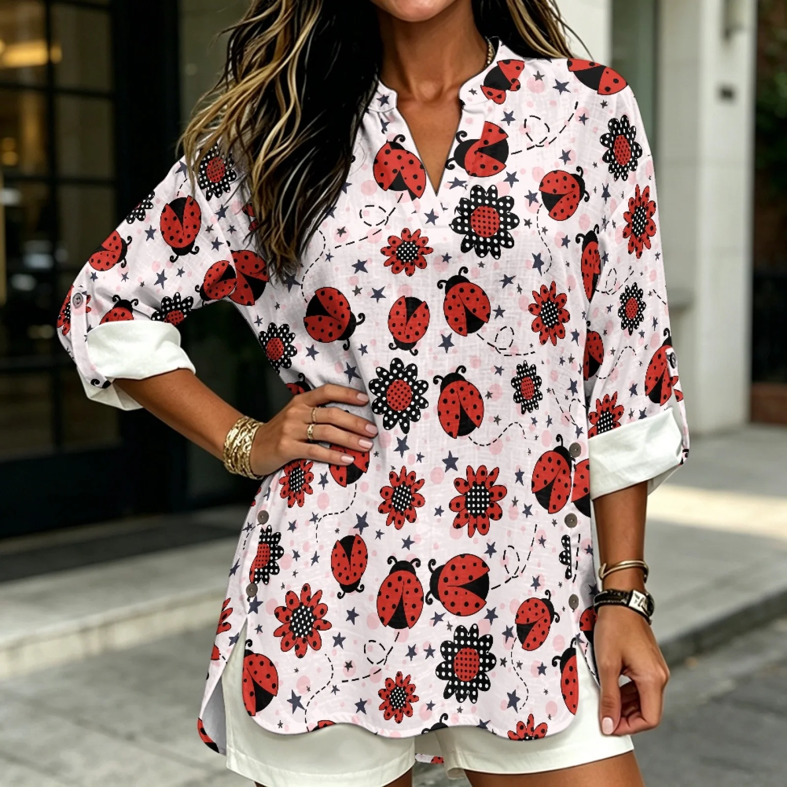 PENSTROLL Ladybug Floral Roll Up Design Long Sleeve Blouse for Fall Linen Like V Neck Tunic Tops Sizes S-5XL
