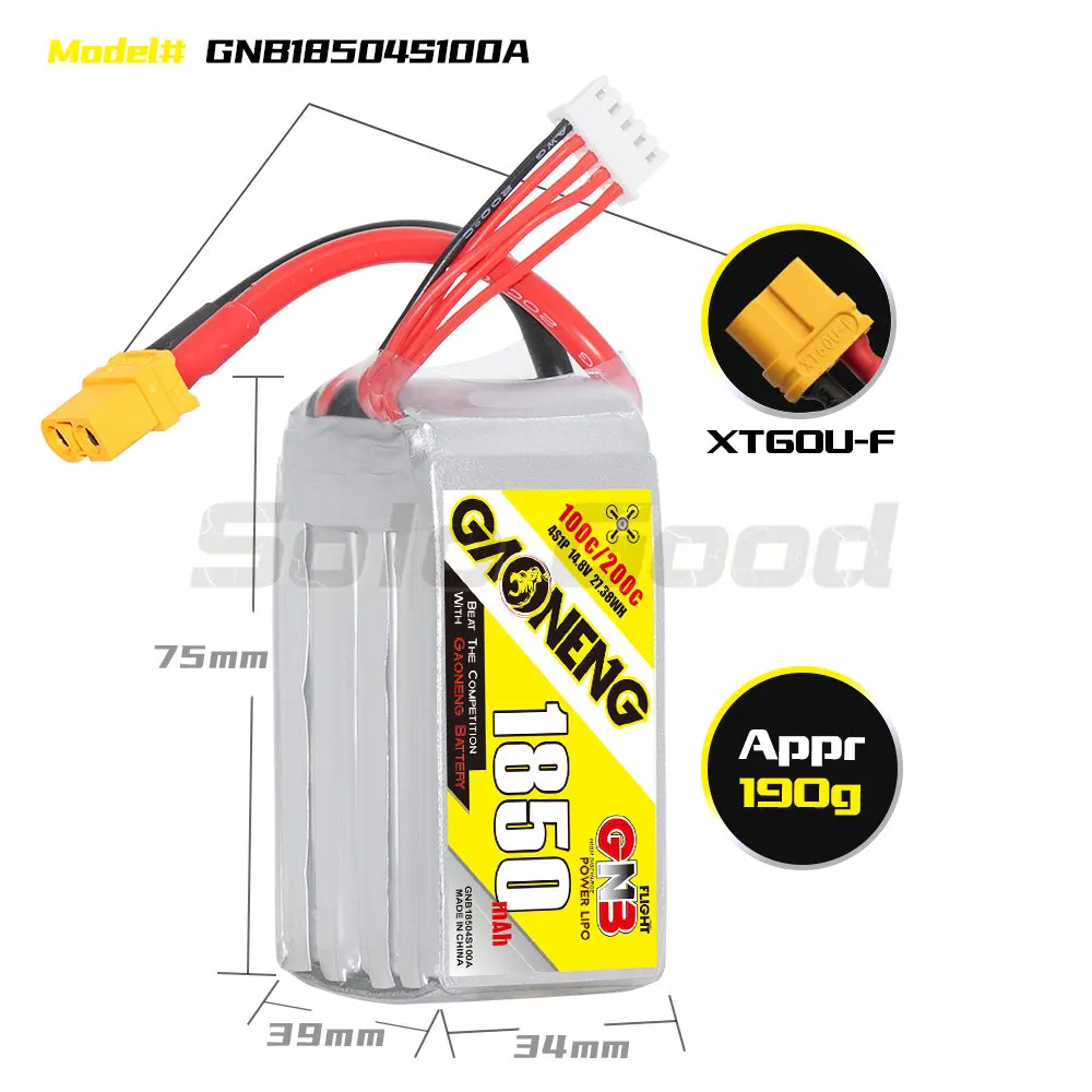 Gaoneng gnb 1850mAh 4S 14.8V แบตเตอรี่ Lipo 100C พร้อมปลั๊ก XT60สำหรับ RC สำหรับแข่ง FPV Drone เฮลิคอปเตอร์ Quadcopter