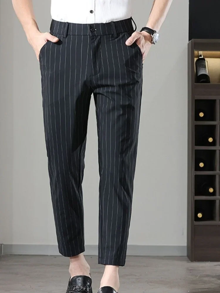 Calças de terno masculino de ajuste fino, roupas de primavera, roupas de trabalho de alta qualidade, oferta de comentários coreanos, muitos novos em up, calças de ternos masculinos